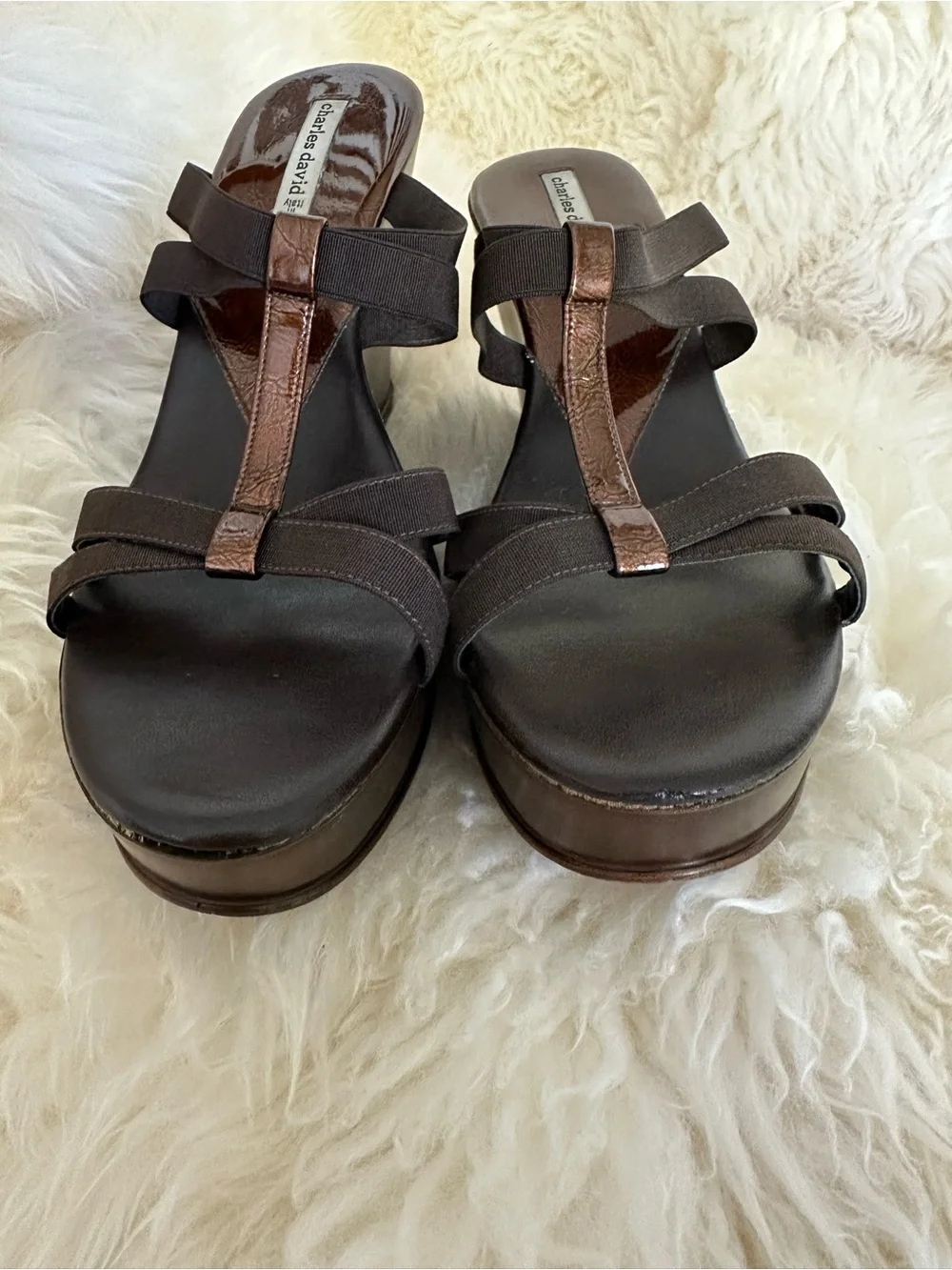 Charles David Italian Dark Brown T-Strap Platform Wedge Sandals